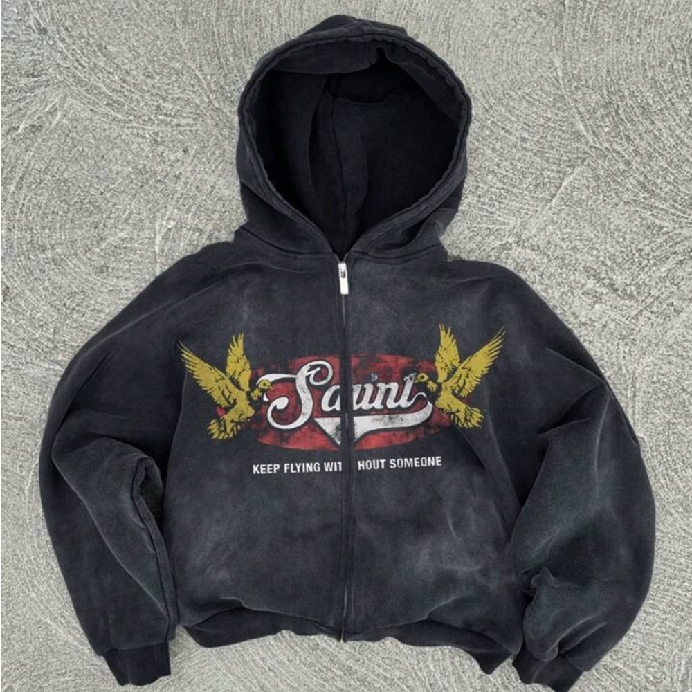 Vintage Saint Graphic Print Zip-Up Hooded Long Sleeve Sweatshirt For Men